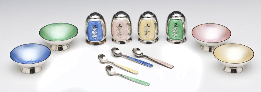 10 Danish Volmer Bahner Guilloche Salts & Shakers: DESCRIPTION: Ten pieces of Danish silver guilloche by Volmer Bahner. Includes: four 1-1/2" pepper shakers and 1-7/8" bowls in pastel yellow, pink, blue and green plus four 2-5/16" spoons in pastel blu