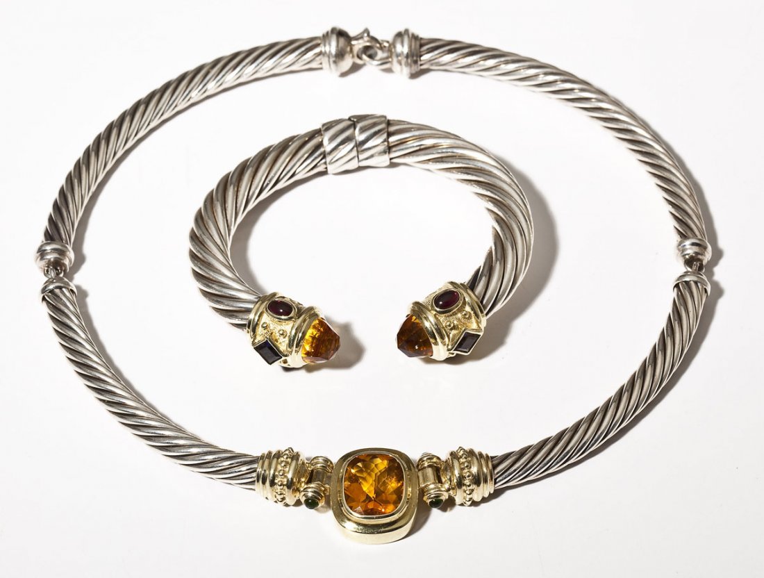 David Yurman Renaissance Necklace & Bracelet: DESCRIPTION: Renaissance necklace and bracelet stamped "D. Yurman 925 585". Necklac with center antique cushion shape citrine accented with green cabochons. Bracelet with endcaps of citrines accented 