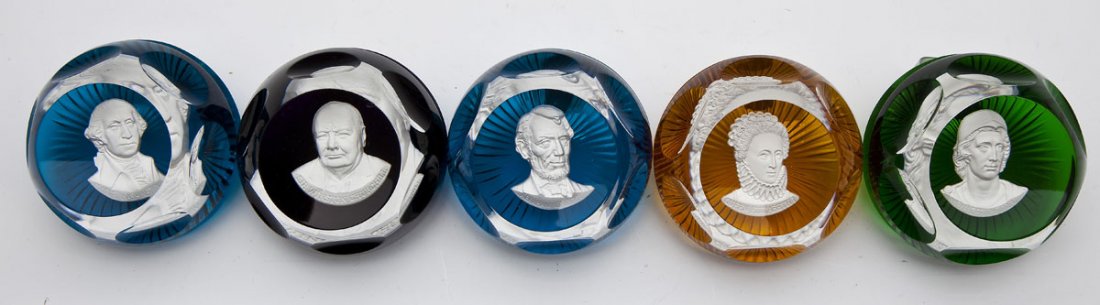 5 Baccarat Paperweights: DESCRIPTION: Five Baccarat paperweights. Three in blue, one in green, one in amber. Abraham Lincoln, George Washington, Windston Churchhill, Queen Elizabeth I, Alexander the Great. Marked Franklin Min