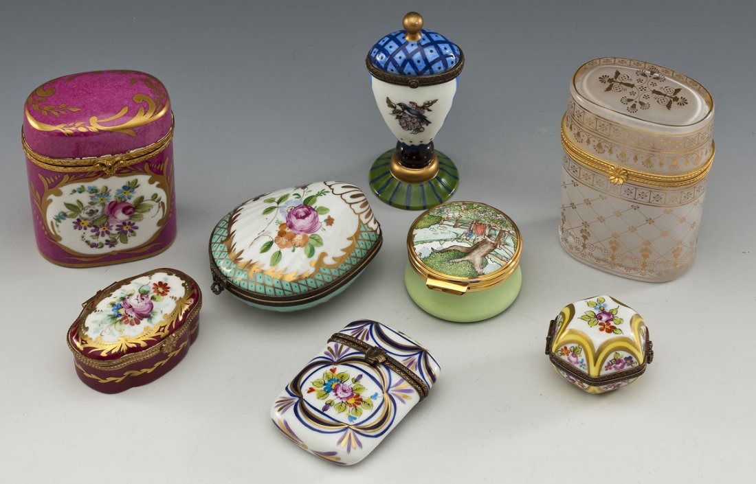 8 Miniature Boxes Including Porcelain and Glass: DESCRIPTION: Eight miniature boxes including porcelain and glass. 1) Limoges Decor Fait Main hinged trinket box with handpainted floral design. 2-1/2" x 1-3/4" x 3-1/2". Cement exposed at top front of