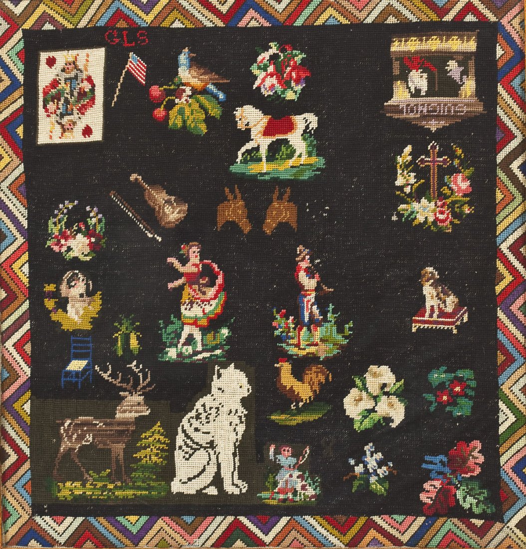 19th Century Needlework on Black Ground: DESCRIPTION: 19th century needlework on black ground. Multicolored threads used throughout. Depicts many different things: King of Hearts playing card, horse, puppet show, violin, chair, wreath, and a