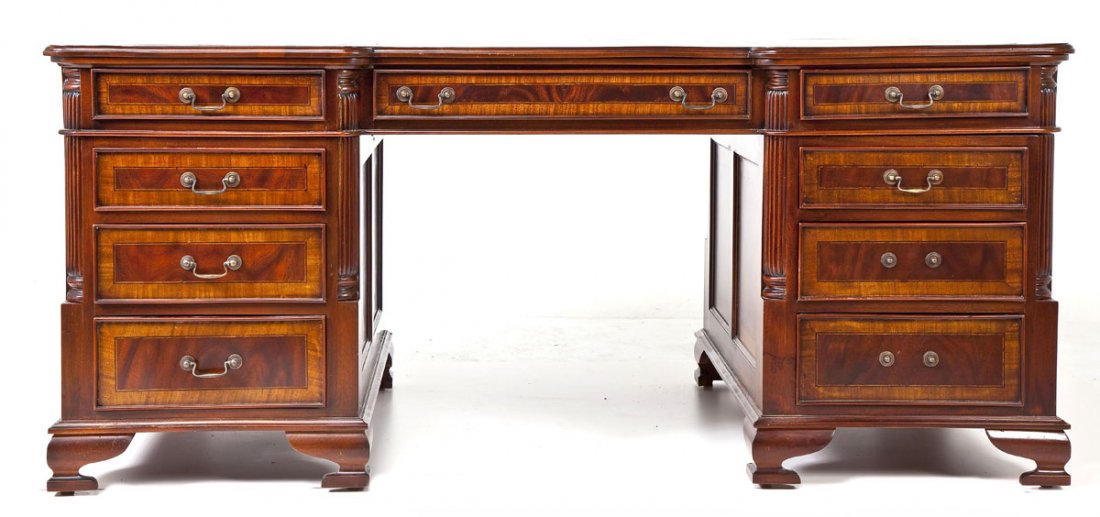 Double Pedestal Classical Revival Partners Desk: DESCRIPTION: A double pedestal classical revival partners desks, probably mid to early 20th century. The form consisting of two drawer pedestals supporting a bridging, drawered top. The front with ela