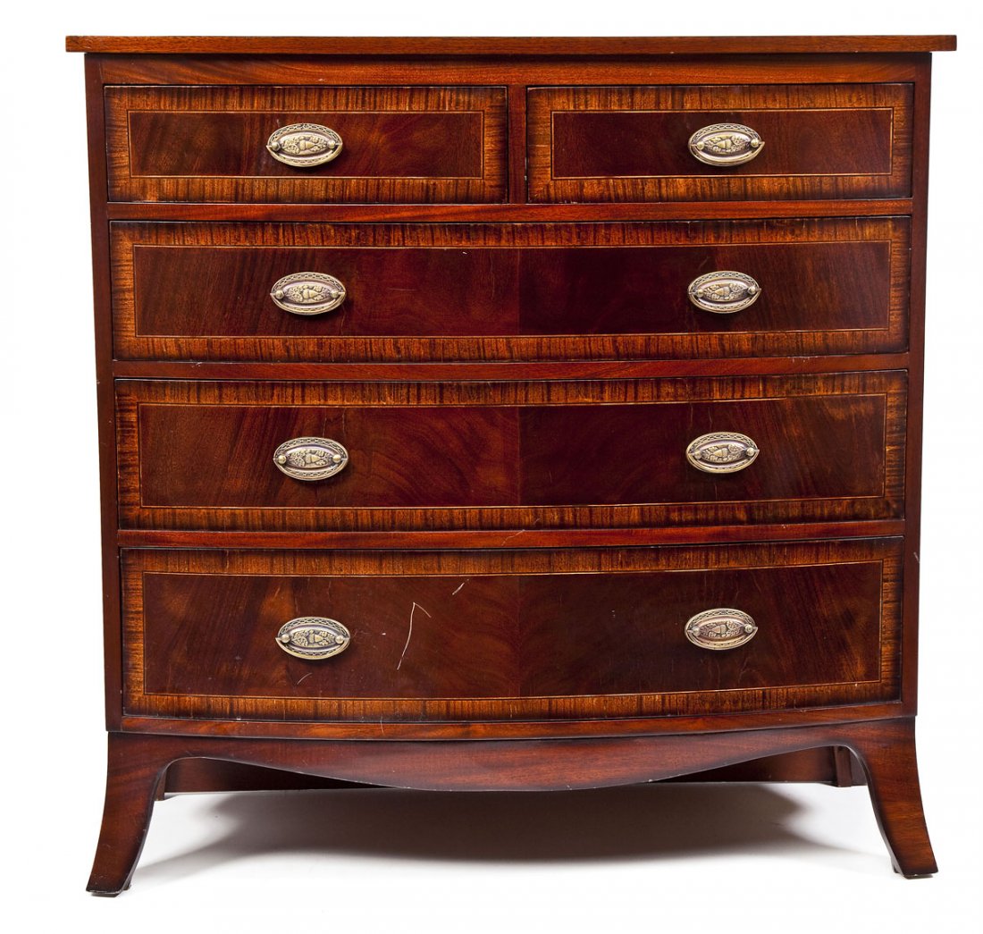 Hepplewhite Revival Chest of Drawers: DESCRIPTION: A very attractive Hepplewhite Revival two over three chest of drawers. Probably American, 20th century. The tall French bracket feet joined with the case with a graceful skirt. The case h