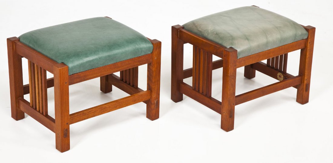 Pair of Stickley Footstools: DESCRIPTION: Pair of Stickley footstools in the Arts and Crafts style with green leather upholstery "395 Cypress". Each signed with brass label and stamp. Dated February 8, 1996. MEASUREMENTS: 15" x 1