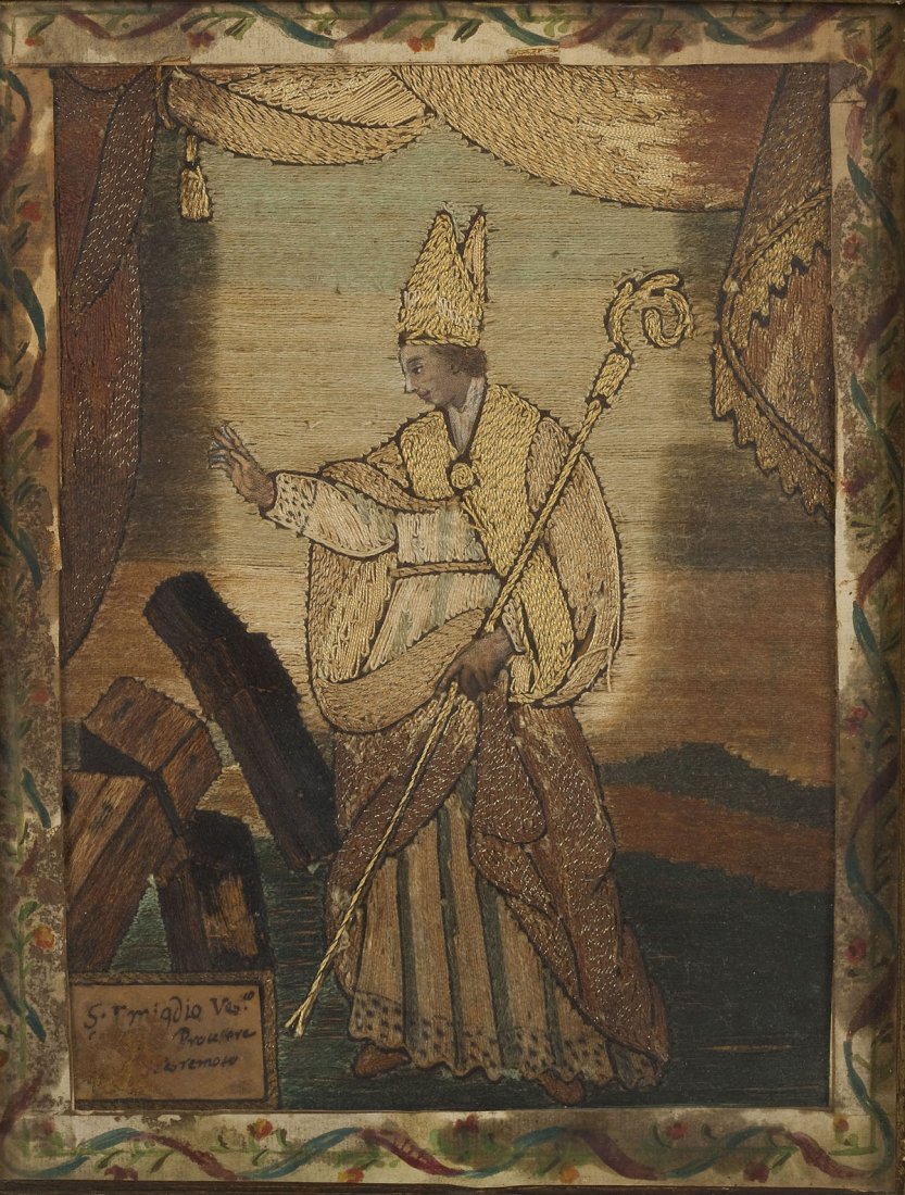 Early Embroidered Panel of San Emigdio: DESCRIPTION: Early embroidered saints panel of San Emigdio (circa 279-303), a Christian Bishop venerated as a saint and martyr, in watercolor and colored and metallic threads with hand colored floral 