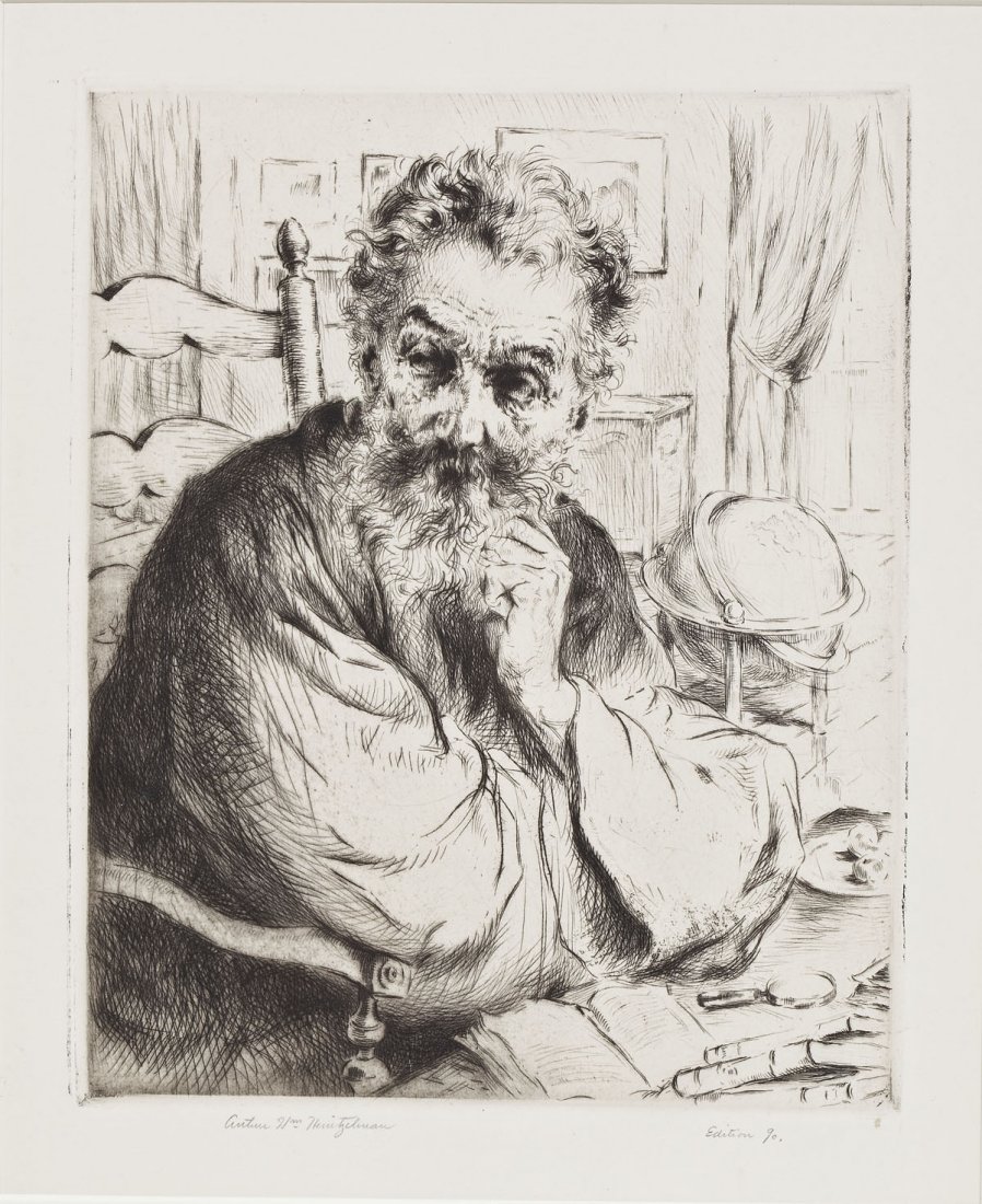 Arthur W. Heintzelman (American, 1891-1965): DESCRIPTION: Arthur William Heintzelman (American, 1891-1965). Etching on laid paper. "La Bibliophile". Signed and annotated "Edition 90" in pencil to lower margin. Smith 376 ii/II. Matted and in wood
