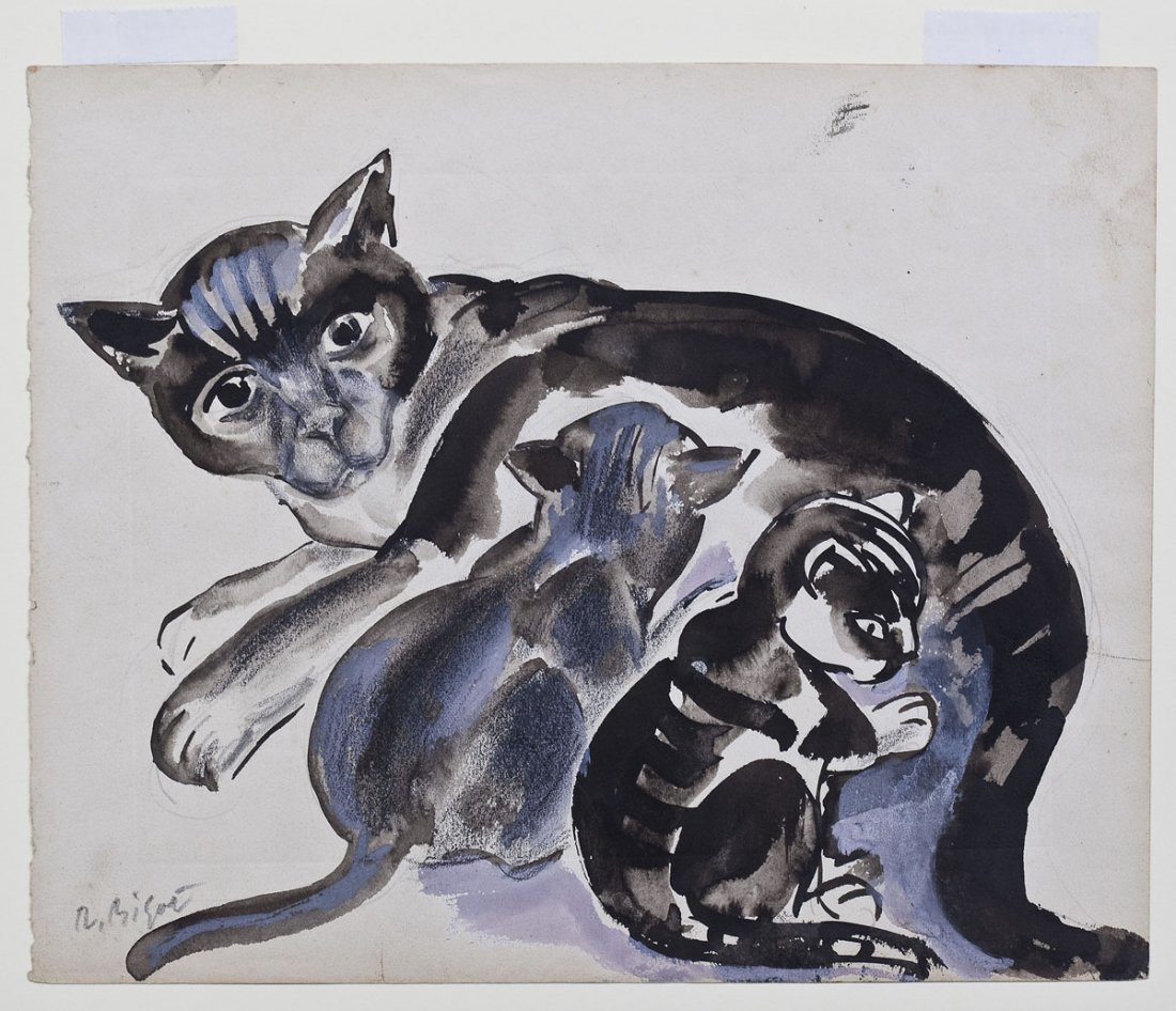 Raymond Bigot (French, 1872-1953): DESCRIPTION: Raymond Bigot (French, 1872-1953). Ink, charcoal, and pencil. Depicts a mother cat nursing kittens. Signed in pencil at lower left corner "R. Bigot". Hinged at top, under plastic sheet, u