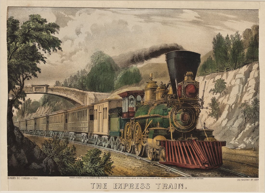 1870 Currier & Ives The Express Train Print: DESCRIPTION: Currier & Ives print. The Express Train. Circa 1870. Marked under image from left to right "..lished by Currier & Ives", "Entered according to Act of Congress in the year 1870 by Currier 