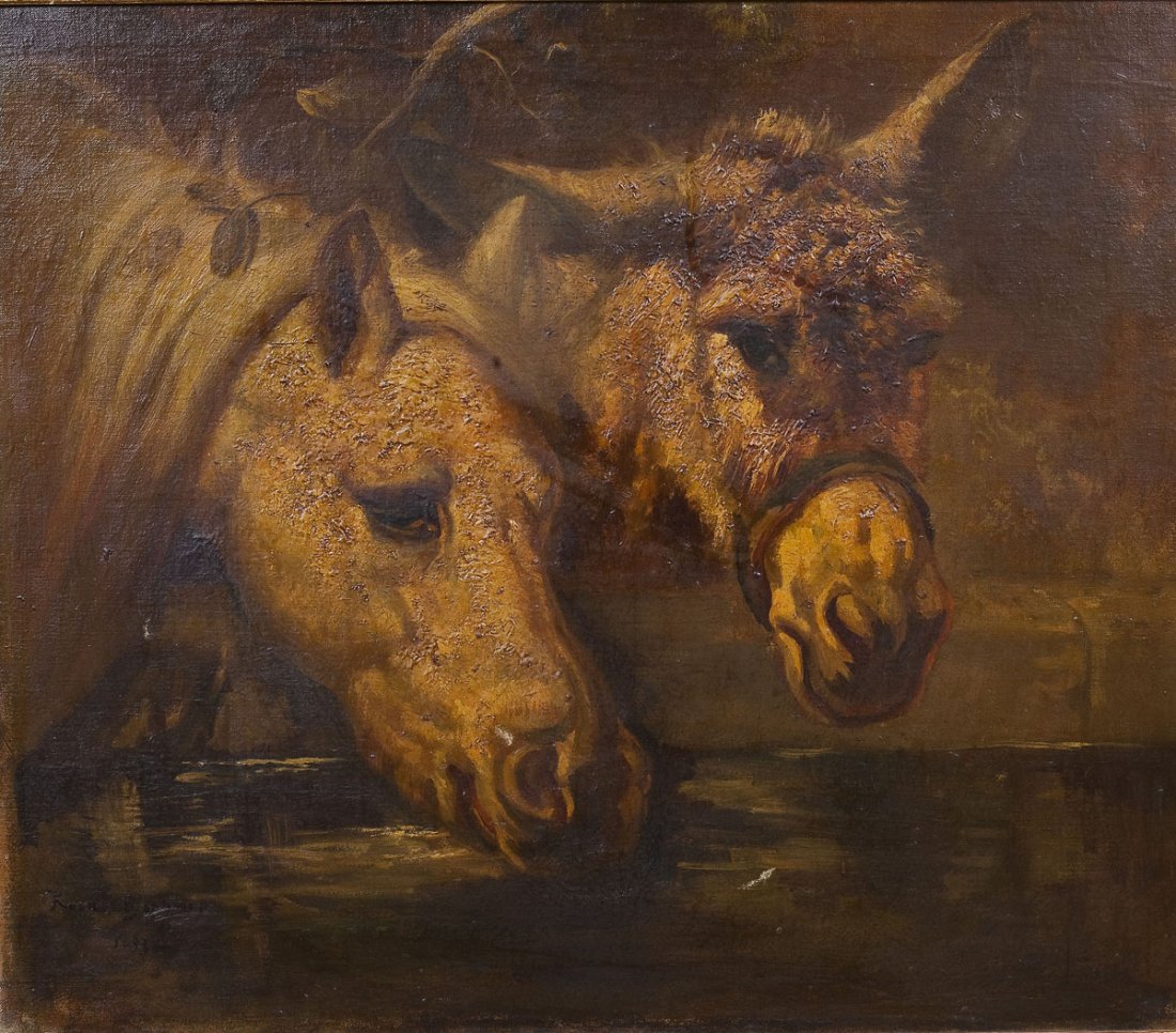 Marie Rosalie "Rosa" Bonheur (French, 1822-1899): DESCRIPTION: Marie Rosalie Bonheur (French, 1822-1899). Oil on canvas. Heads of a horse and a donkey drinking water. Lower left corner signed "Rosa Bonheur." In gold painted wood and gesso frame. Bonh