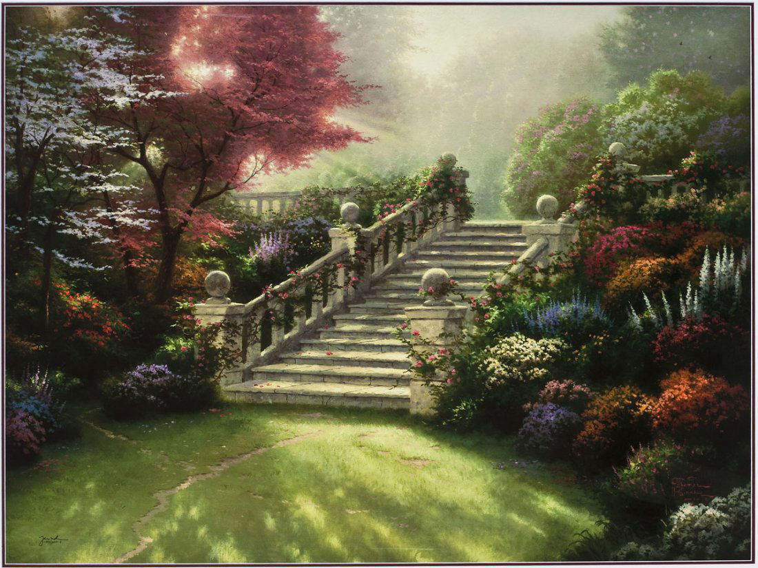 Thomas Kinkade (American, 1958-2012): DESCRIPTION: Thomas Kinkade (American, 1958-2012). Lithograph on paper. Stairway to Paradise. 1998. Signed lower left with the artist's DNA matrix signature authentication process and numbered "1709/3