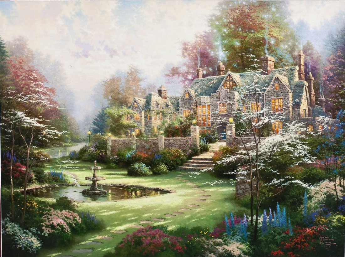 Thomas Kinkade (American, 1958-2012): DESCRIPTION: Thomas Kinkade (American, 1958-2012). Lithograph on paper. Gardens Beyond Spring Gate. 1998. Signed lower left with the artist's DNA matrix signature authentication process and numbered "