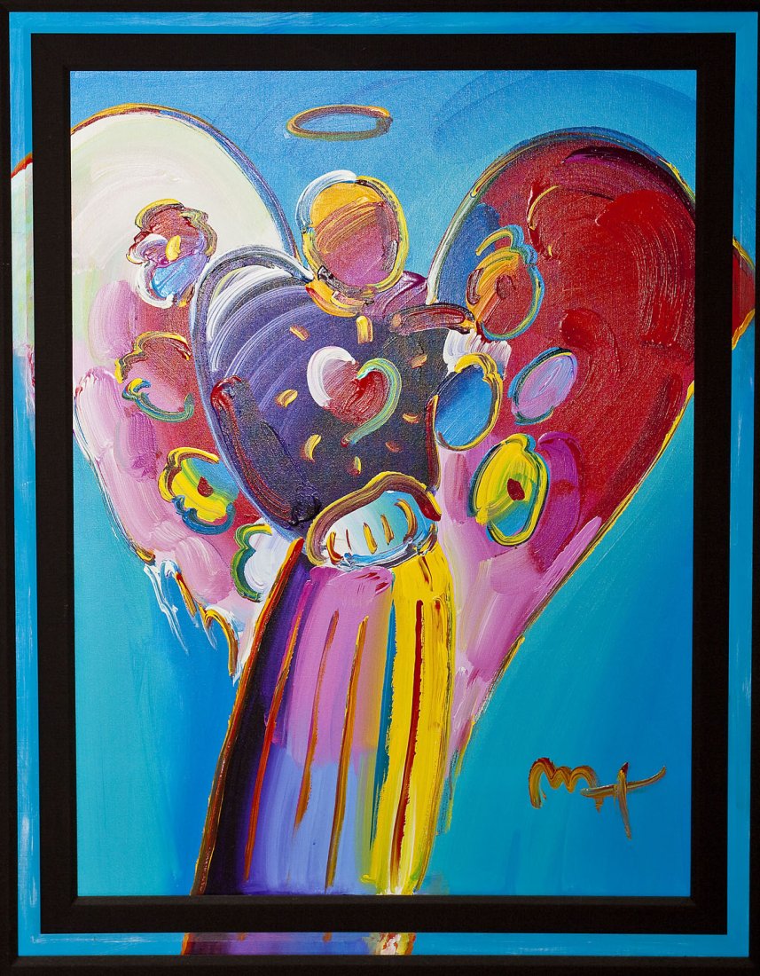 Peter Max (American, 1937-): DESCRIPTION: Peter Max (American, 1937-). Acrylic on canvas. Angel with Heart Version II #7. 2004. Wood frame with gold leaf. Painting continues to liner. MEASUREMENTS: 40" x 30". Overall with frame 5