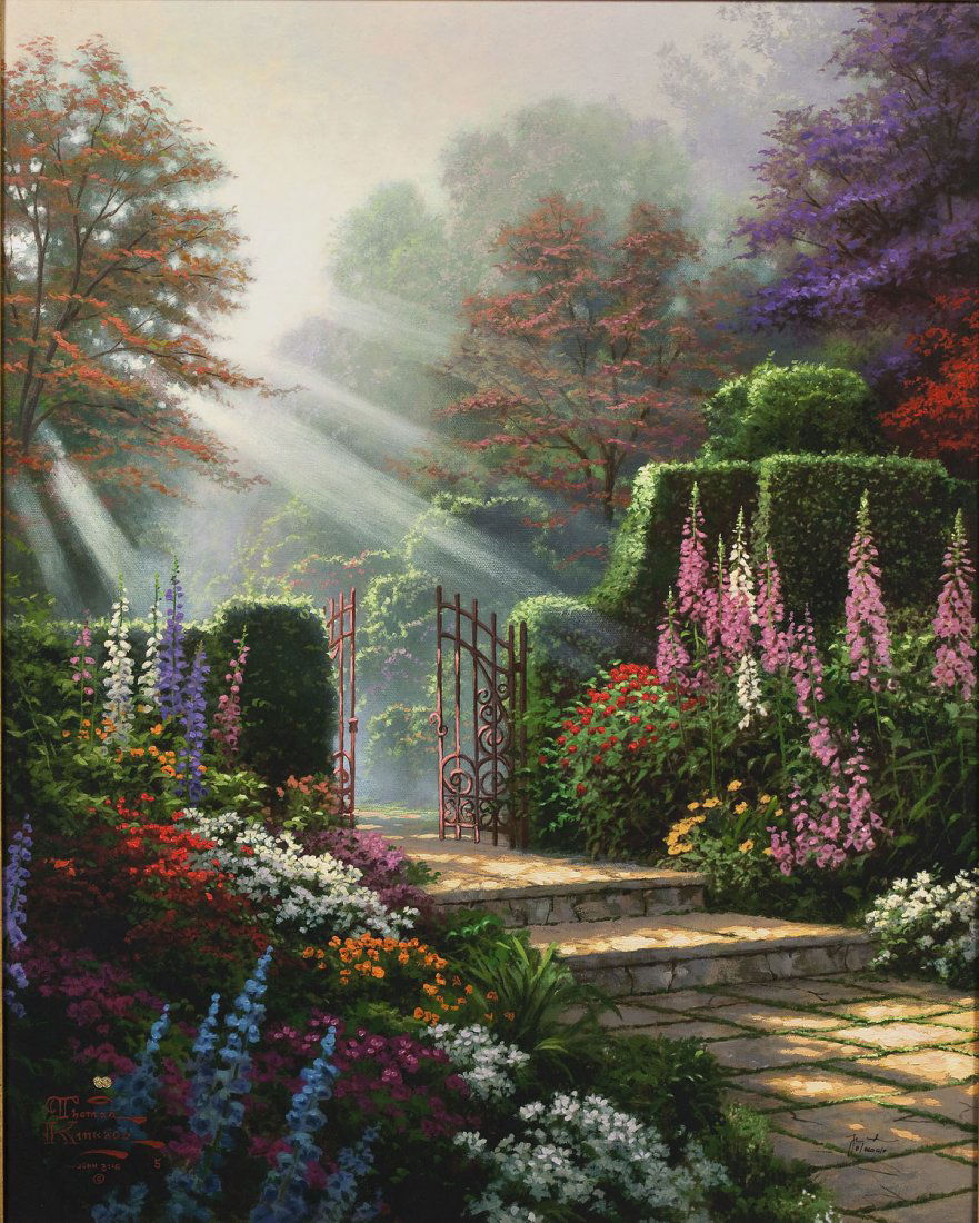 Thomas Kinkade (American, 1958 - 2012): DESCRIPTION: Thomas Kinkade (American, 1958 - 2012). Gallery Proof Limited Edition 8/860. Gardens of Light I. Hand embellished print. Published using acid free, premium grade paper and artist's canvas