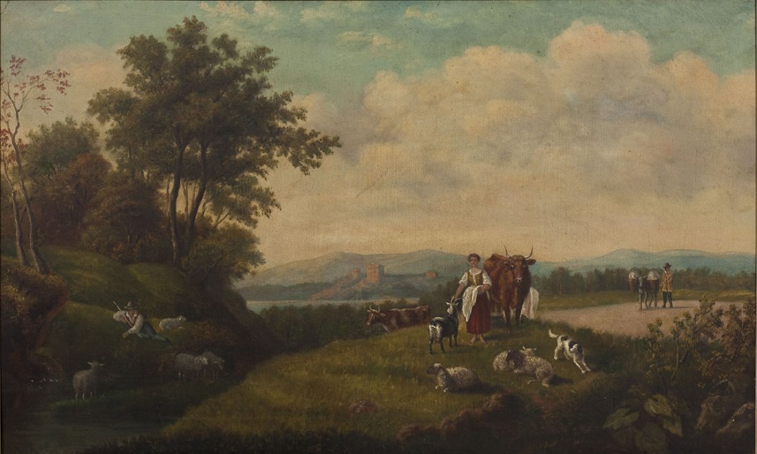 Continental School (19th Century): DESCRIPTION: Continental School (19th Century). Oil on canvas board. Pastoral scene of woman feeding goats, shepherd in repose, and man with an ox. Unsigned. In a gold and white washed wooden frame. M