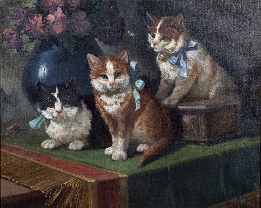 Otto Drevs (German, 19th/20th Century): DESCRIPTION: Otto Drevs (German, 19th/20th Century). Oil on canvas. Portrait of three kittens each with a blue bow, seated on a table. Signed at lower right "Otto Drevs Hbg. 1914". In a wooden frame w