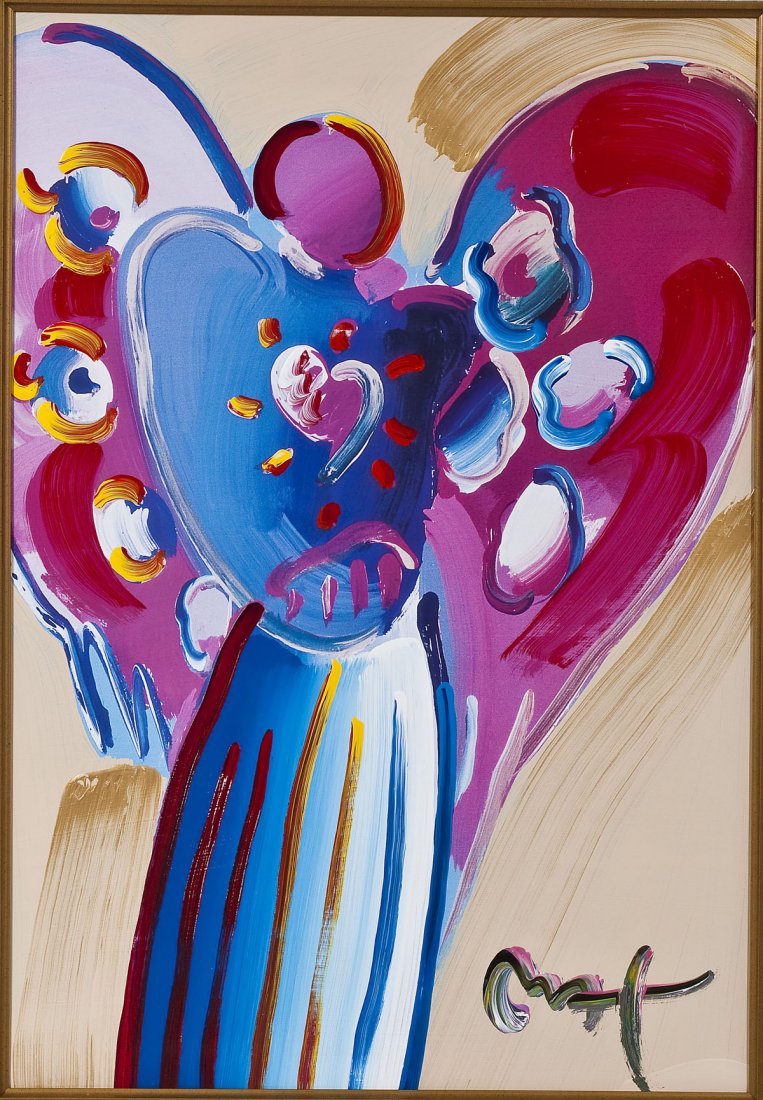 Peter Max (American, 1937-): DESCRIPTION: Peter Max (American, 1937-). Mixed media acrylic and color lithograph on Paper. Angel with Heart. Signed lower right. Includes Certificate of Authenticity from Erin Taylor Additions. In g