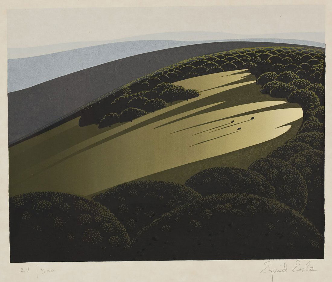 Eyvind Earle (American, 1916-2000): DESCRIPTION: Eyvind Earle (American, 1916-2000). Serigraph. Valley. Published in 1974. Depicts a clearing at the edge of woods. Edition numbered in pencil 27/300. Signed at lower right corner in penci