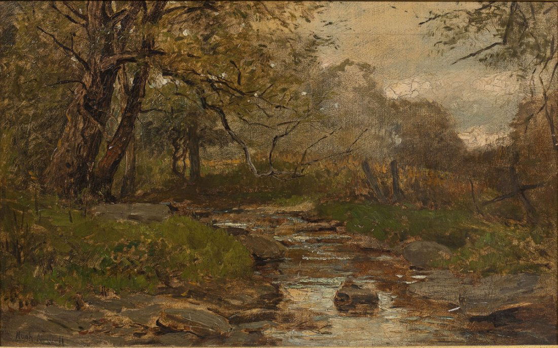 Hugh Newell (Irish 1830-1915): DESCRIPTION: Hugh Newell (Irish 1830-1915). Oil on board. Landscape with forest, field and stream. In a wood gilded frame. Newell was born in Belfast, Ireland, October 4, 1830. He is a member of the I