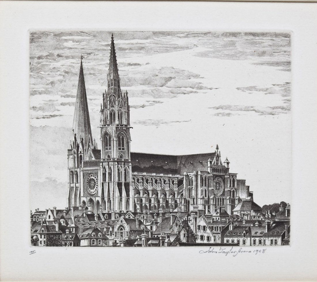 John Taylor Arms (American, 1887-1953): DESCRIPTION: John Taylor Arms (American, 1887-1953). Etching. Chartres, The Magnificent. 1948. Depicts Chartres Cathedral. Marked at lower left below etching "III" and signed at lower right "John Tayl