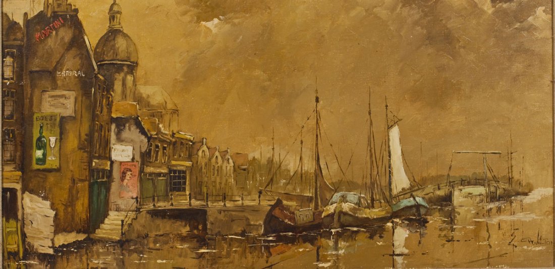 C.H. Wilton (American, 20th Century): DESCRIPTION: C.H. Wilton (American, 20th Century). Oil on canvas. Scene of boats in a harbor. Signed at lower right corner "CH Wilton". In black wood frame with burlap liner. MEASUREMENTS: 14-1/2" x 2
