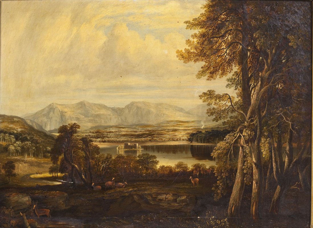 Continental School (19th Century): DESCRIPTION: Continental School (19th Century). Oil on canvas. Landscape scene overlooking woods onto a lake with a castle in the middle, wildlife throughout woods. Unsigned. In a gilded gesso wooden 