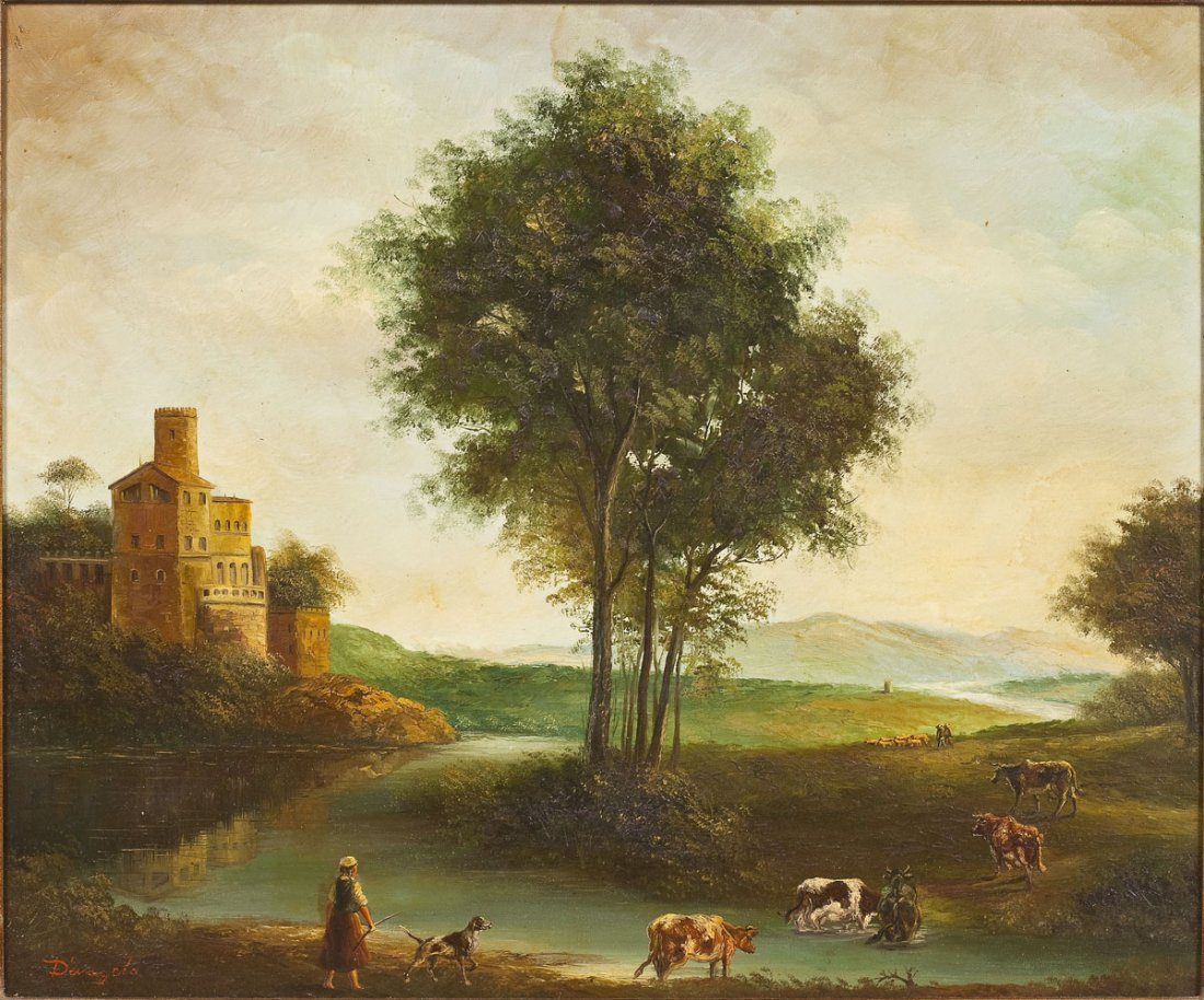D'Angelo (Continental School, 19th Century): DESCRIPTION: D'Angelo (Continental School, 19th Century). Oil on canvas. Landscape of cows and herder crossing body of water in front of large tree with a castle on the left. Signed in the lower left 