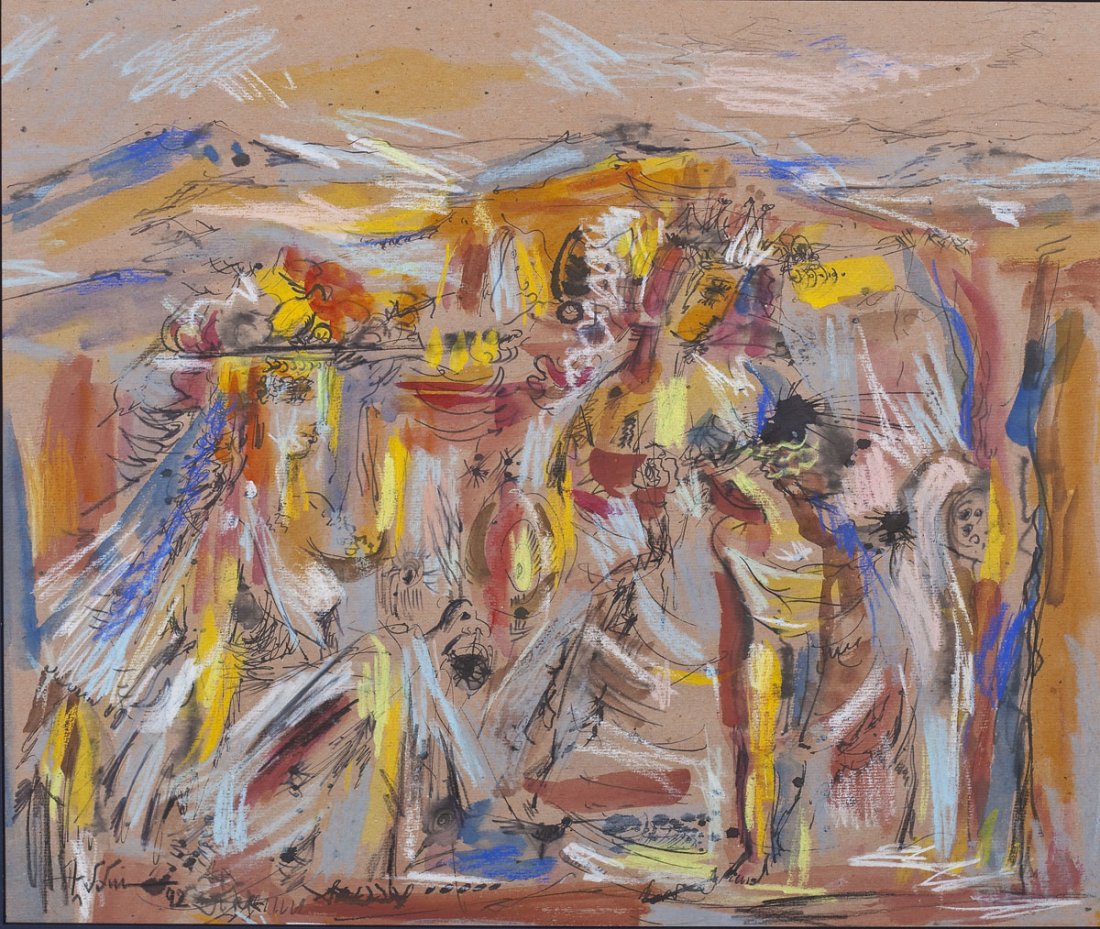 Emma Gregorian (Armenian 1943- ): DESCRIPTION: Emma Gregorian (Armenian 1943-). Oil on paper. Vibrant abstract scene with figures and creatures. Signed "Emma Gregorian" in lower right corner. In a contemporary wooden frame. Born in Gy