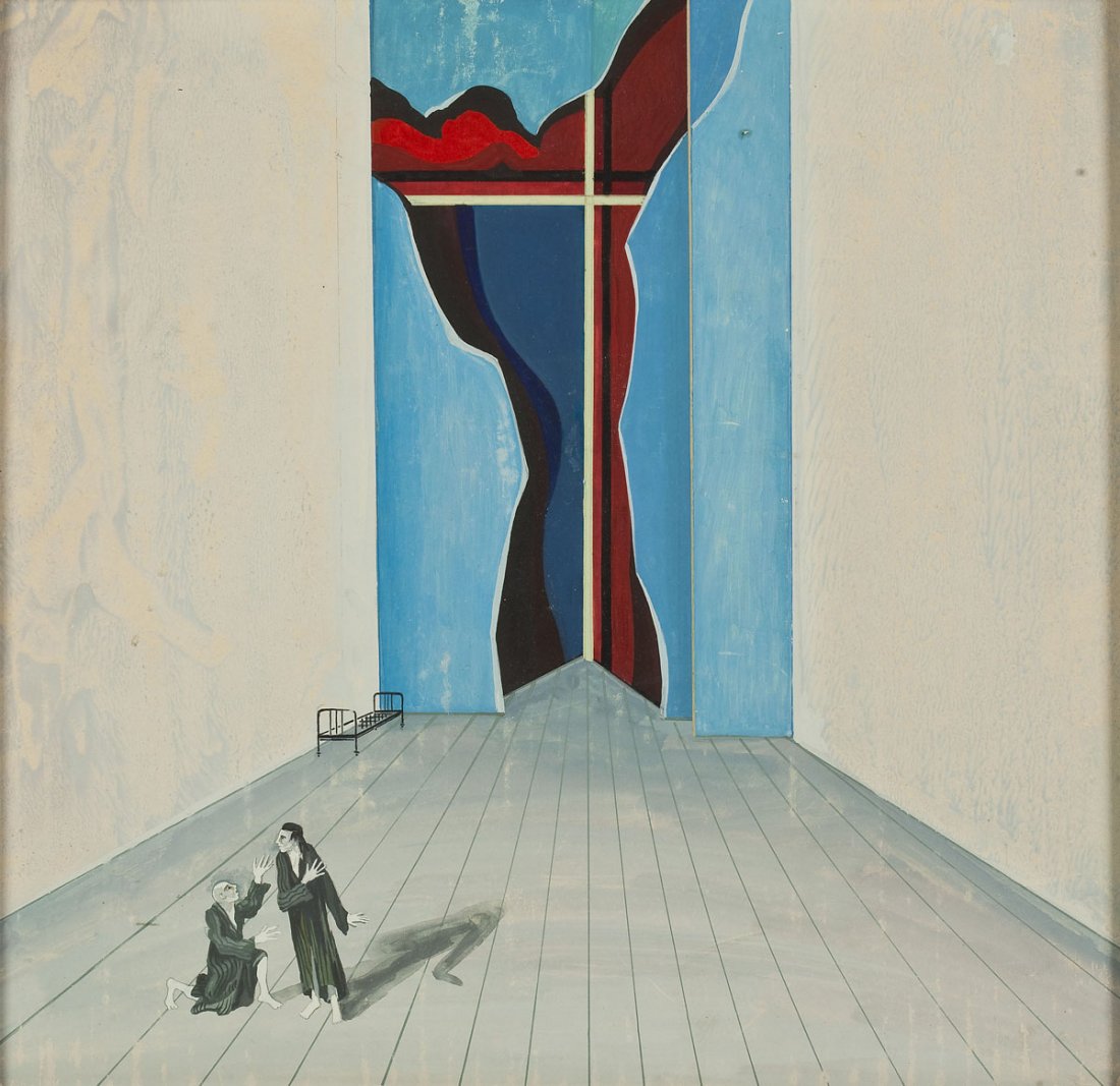 Igor Galanin (Russian, 1937- ): DESCRIPTION: Igor Galanin (Russian, 1937- ). Gouache on board. Set design created for The Master and Margarita. Scene of two men conversing in a room, one wire frame bed in the rear left corner. The b