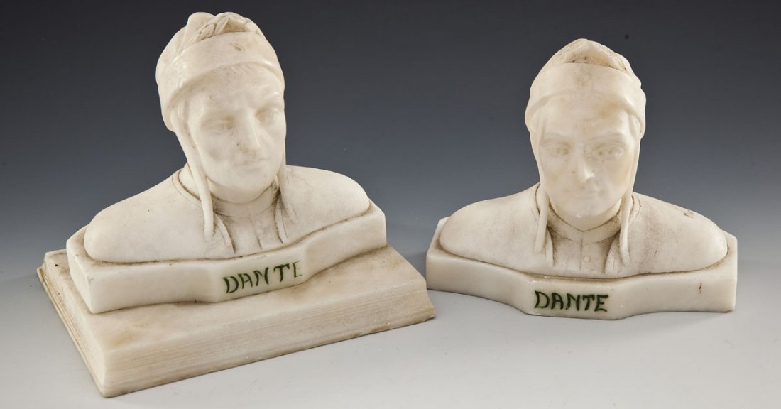 2 Dante Alabaster Busts: DESCRIPTION: Two alabaster busts of Dante Alighieri. Each depicting him with cap and wreath. Each with name incised in front and colored green. One on a platform. MEASUREMENTS: Bust with platform 6-1/
