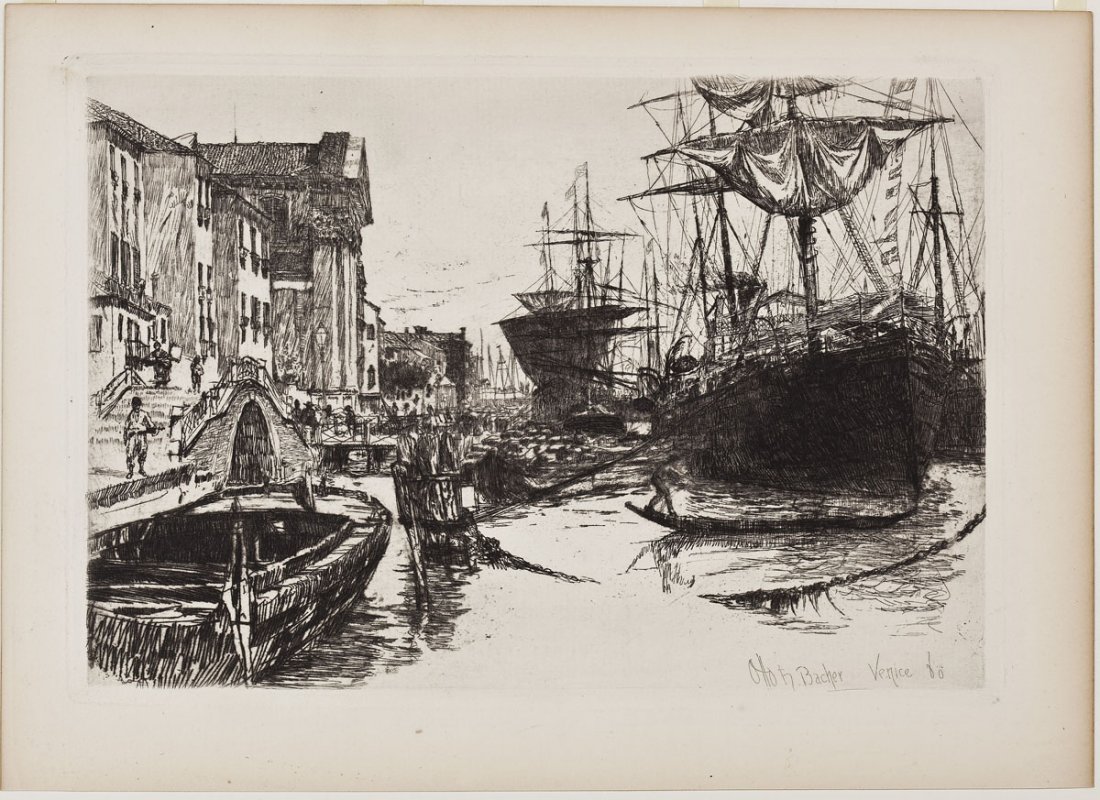Otto Bacher (American, 1856-1909): DESCRIPTION: Otto Bacher (American, 1856-1909). Etching on laid paper. Fondamenta della Zattere - Venice. 1880. Signed and titled in plate. Published in "The American Art Review". Under white matting.