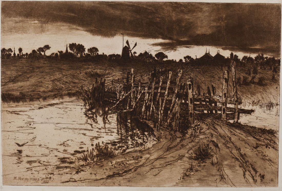 Mary Nimmo Moran (American, 1842-1899): DESCRIPTION: Mary Nimmo Moran (American, 1842-1899). Etching, drypoint, roulette and scotchstone with sandpaper and handwiping on laid paper. Tween the Gloaming and the Mirk when Kye Come Hane. 1883. 
