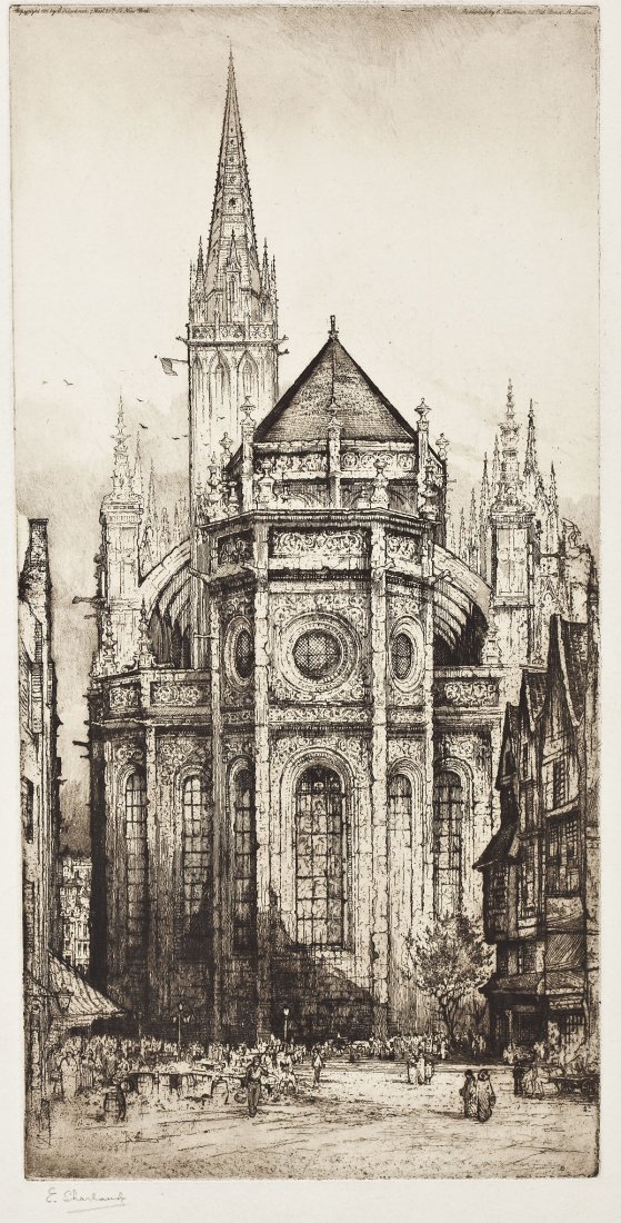 Edward W. Sharland (United Kingdom, 1884-1967): DESCRIPTION: Edward W. Sharland (United Kingdom, 1884-1967). Etching. Apse of the Parrish Church of St. Pierre. Copyright 1915, C. Klackner. MEASUREMENTS: Image 18-7/8" x 9-1/4". Paper size 27-3/4" x 