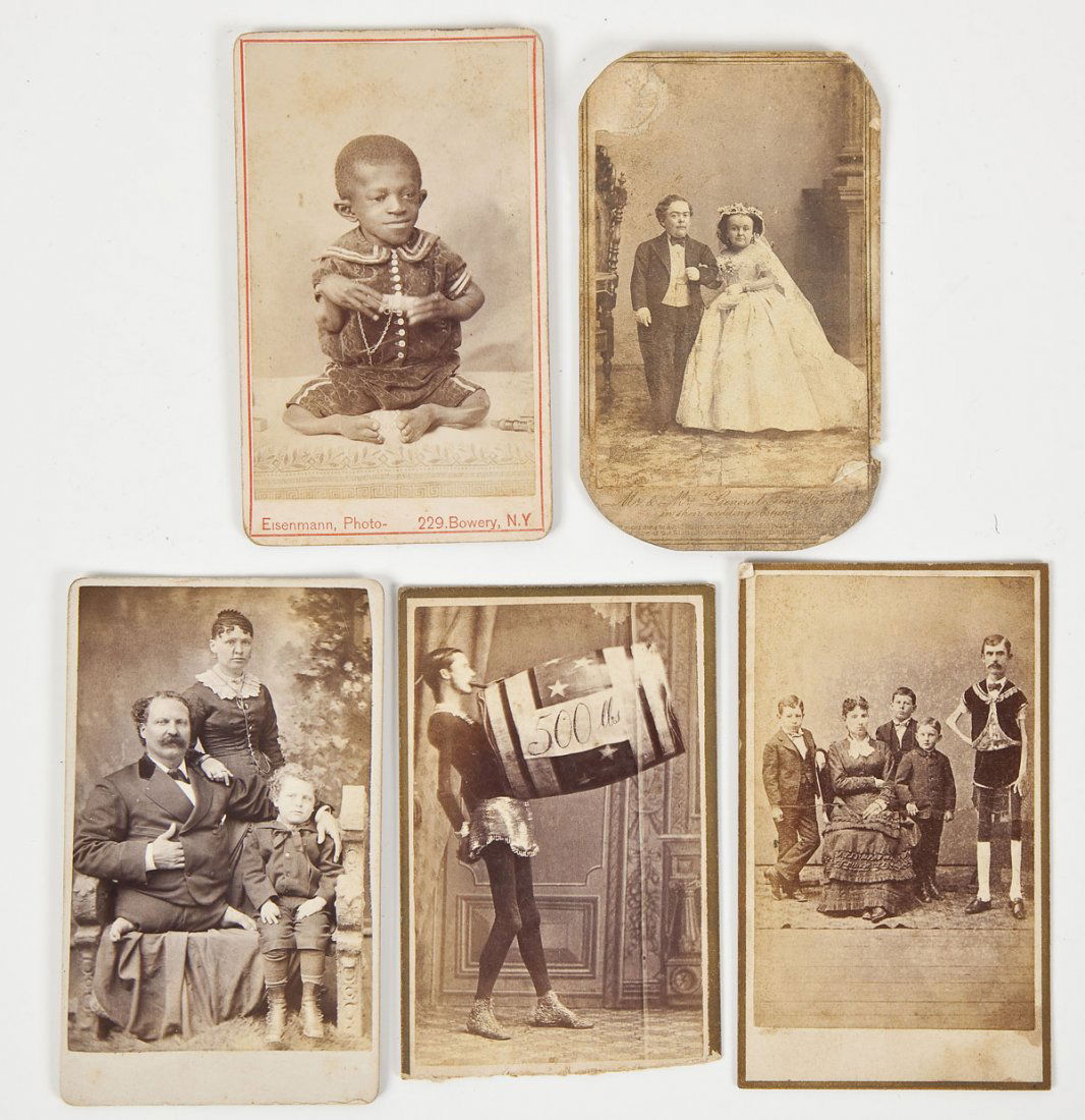 5 'Freak' CDVs Incl George Williams Turtle Boy: DESCRIPTION: Five 'freak' carte de visites. Includes: 1) George Williams, the Turtle Boy, at 16 years old. Eisenmann, Photo- 229. Bowery, N.Y. 2) Strong thin man, lifting barrel labeled 500 lbs with h