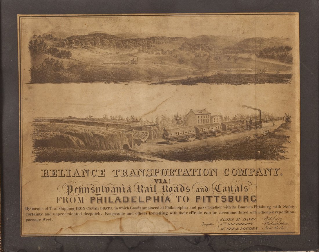 Reliance Transportation Co. via PRR Lithograph: DESCRIPTION: Reliance Transportation Company via Pennsylvania Rail Roads and Canals lithograph. Advertising lines from "Philadelphia to Pittsburg", agents listed in lower right corner. Labeled under l