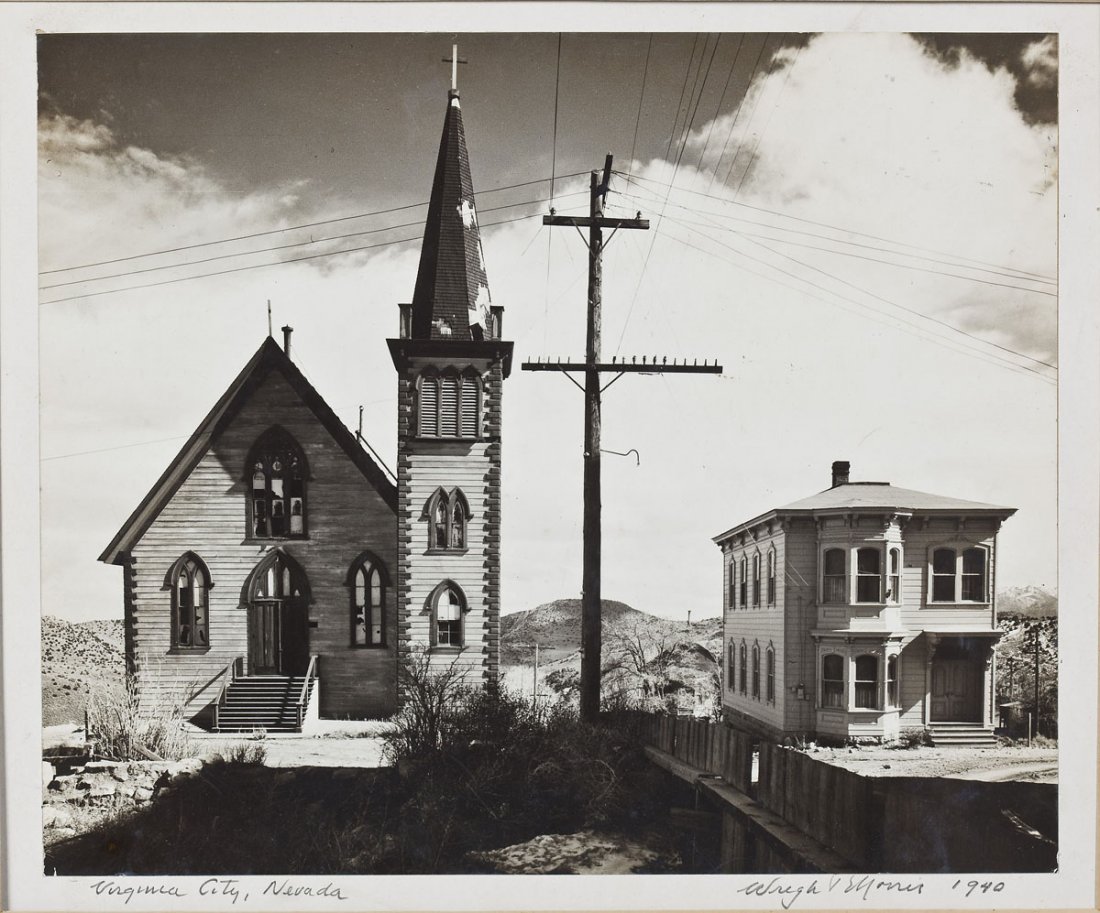 Wright Morris (American, 1910-1998): DESCRIPTION: Wright Morris (American, 1910-1998). Gelatin silver photograph. House and church, Virginia City, Nevada. Signed, dated and titled in pencil along lower margin "Virginia City, Nevada Wrigh