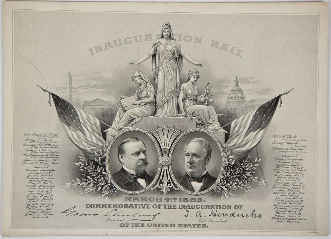 Cleveland Inaugural Ball Commemorative Card 1885: DESCRIPTION: March 4, 1885 Cleveland and Hendricks Inaugural Ball commemorative card. Inscribed at top "Inauguration Ball". Printed by V.G. Fischer of Washington, D.C. At bottom center are oval portra