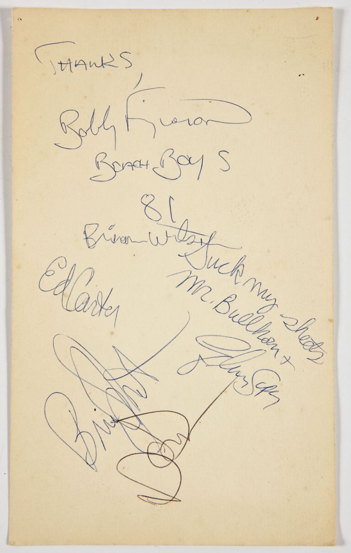 Beach Boys Autographed Menu: DESCRIPTION: Menu from the Harrisburg Marriott Inn in Harrisburg, PA. Signed by the Beach Boys, including Bobby Figueroa, Brian Wilson, Ed Carter, Glen Super, Bruce Johnston, and Dennis Wilson. With h