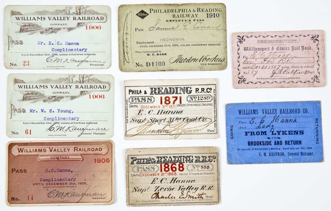 8 19th C Railroad Passes P&RR & Williams Valley: DESCRIPTION: Eight railroad passes including three from Philadelphia & Reading Railroad, two from Northern Central Railroad and five from Williams Valley Railroad. The Williams Valley Railroad was an 