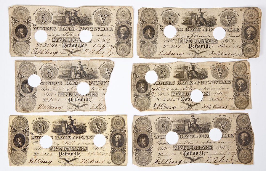 6 Miner's Bank Pottsville, PA Obsolete Notes: DESCRIPTION: Six $5.00 obsolete notes from the Miner's Bank in Pottsville, Pennsylvania dated 1828 to 1829. All with cancellations. MEASUREMENTS: 6-7/8" x 2-7/8". CONDITION: All with wear and toning. 