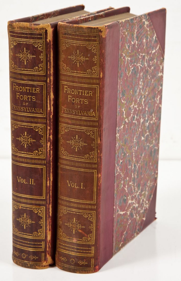 Frontier Forts of Pennsylvania Vols I & II: DESCRIPTION: Report of the Commission to Locate The Site of the Frontier Forts of Pennsylvania. Vol I & II. Clarence M. Busch, 1896. Half-bound marble pastedown to red leather with gilt embellishment 