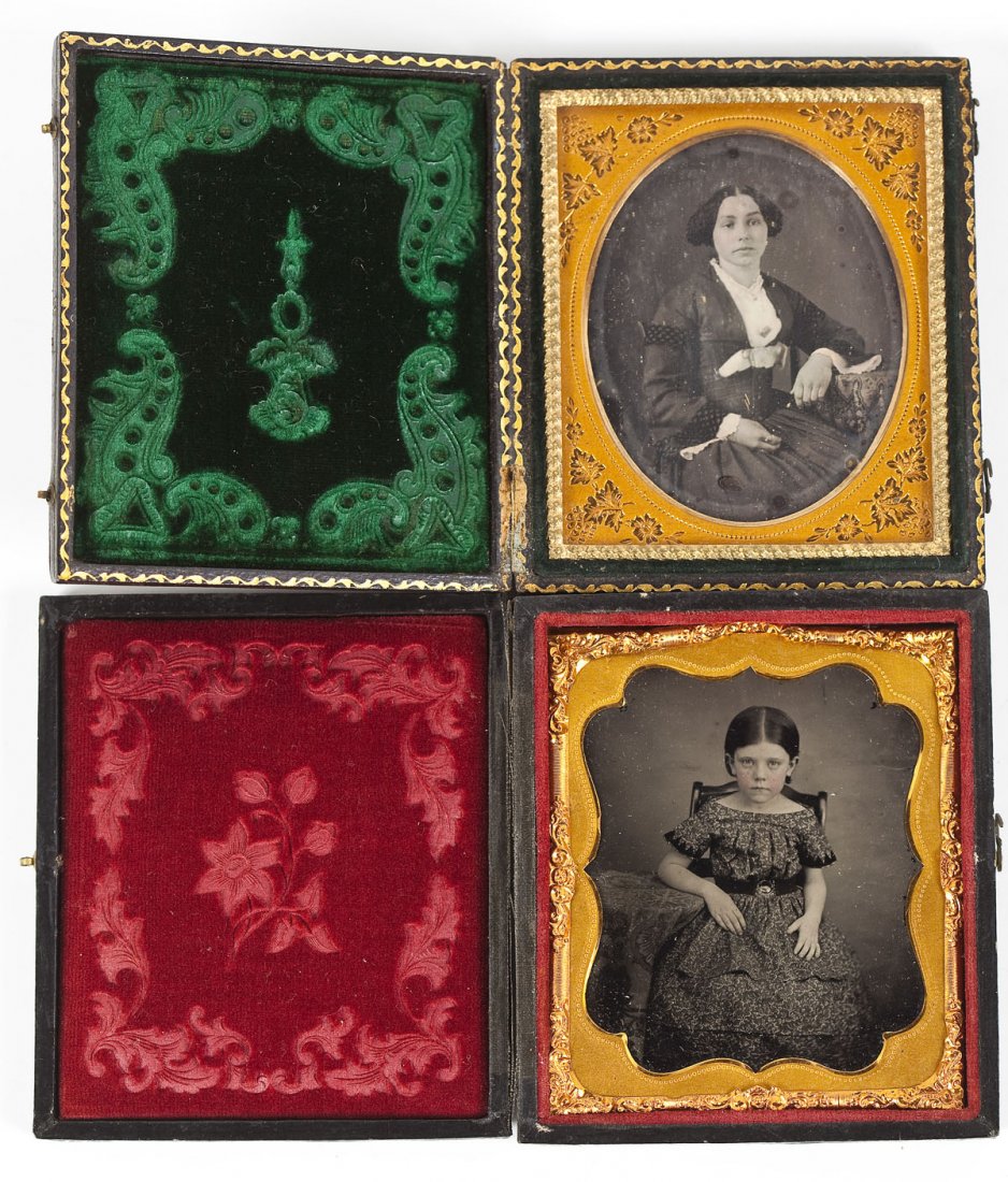 2 Cased Images Lady & Little Girl: DECRIPTION: Two cased images. Includes: 1) Sixth plate daguerreotype of lady. Floral embossed mat. 2) Sixth plate ambrotype of little girl with tinted cheeks. Stamped brass preserver with nonpareil ma