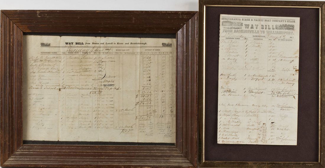 2 19th C Stage Coach Way Bills incl Pennsylvania: DESCRIPTION: Two 19th century stage coach way bills. Includes one for the Susquehanna Stage & Packet Boat Company's stage from Baskinville to Williamsport dated January 6, 1853 and one for Boston and