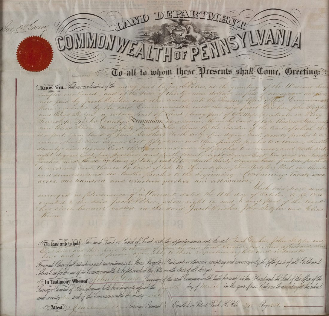 Union General John Geary Signed Land Grant: DESCRIPTION: Large Land Department grant on vellum dated March 4, 1872 granting land to Jacob Petree. Signed "Jno. W. Geary" upper left. John W. Geary (1819-1873) was a Union general in the Civil War,