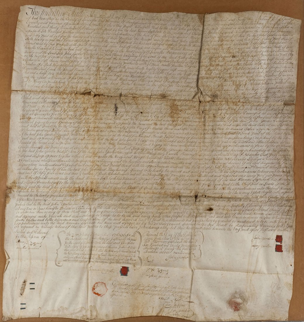 Edward Shippen Signed 1769 Indenture: DESCRIPTION: Indenture dated December 28, 1769 between John and Mary Garber of Earl Township, Lancaster County and Harman Lash of Manheim Township. Signed by Edward Shippen at bottom. Either Edward Sh
