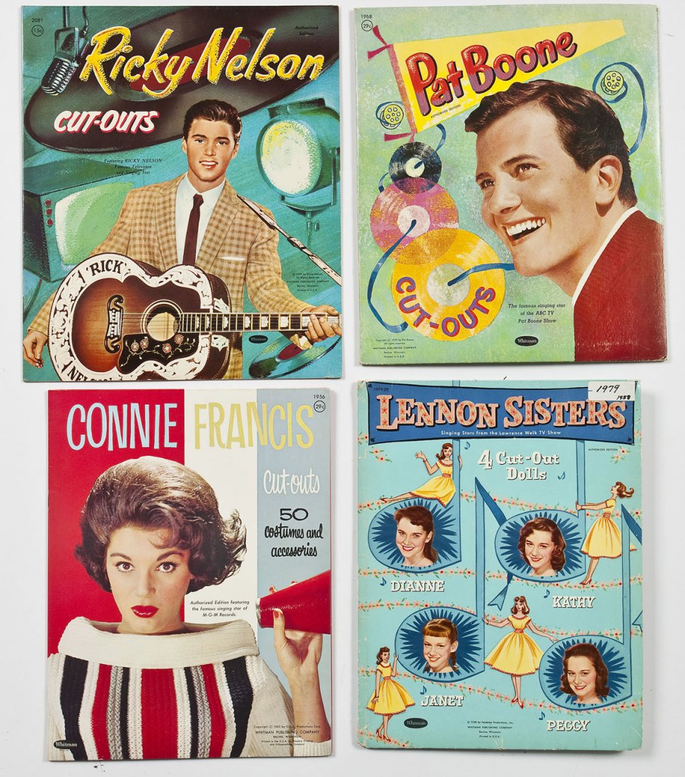Lot of 4 Paper Dolls Incl Ricky Nelson: DESCRIPTION: Lot of four paper dolls. Includes Lennon Sisters (cut) 1958 by Teleklew Productions; Pat Boone (uncut) 1959 by Pat Boone; Connie Francis (uncut) 1963 by G.G.C. Productions Corp; Ricky Nel