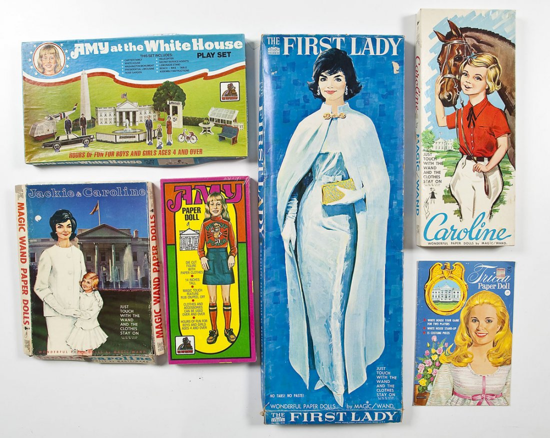 Lot of 6 Paper Dolls White House First Ladies: DESCRIPTION: Lot of six paper dolls. Includes The First Lady (large, uncut); Amy at the White House (uncut) Play Set; Jackie & Caroline (cut); Caroline (uncut); Amy (uncut in original packaging) #109;