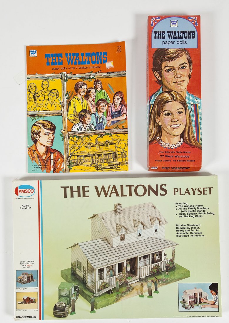 The Waltons Paper Dolls & House Playset: DESCRIPTION: Two paper dolls for The Waltons by Whitman together with an Amsco The Waltons Playset. CONDITION: Unused. Paper doll box with some wear and split corners.