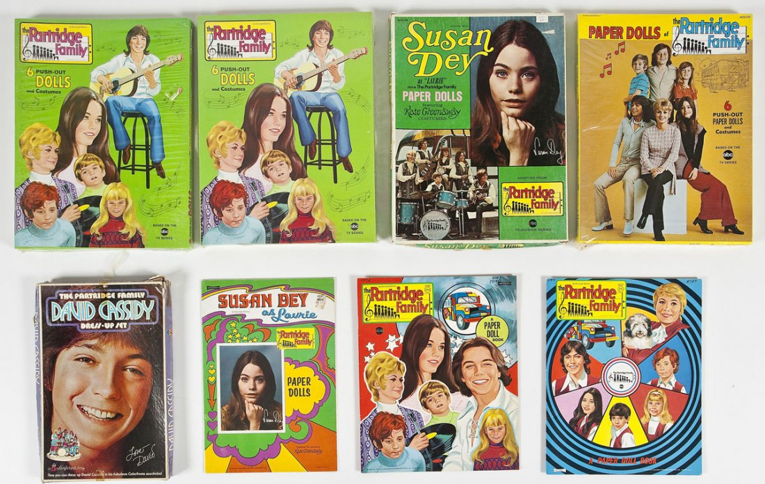 8 Vintage Partridge Family Paper Dolls: DESCRIPTION: Eight vintage Partridge Family paper doll sets by Artcraft and Saalfield including David Cassidy Colorforms and two Susan Dey. CONDITION: Cassidy with wear. Susan Dey in box cut out with