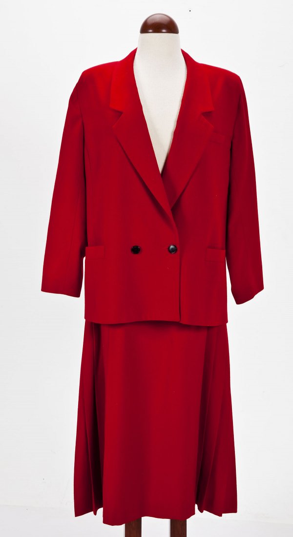 Vintage Christian Dior Red Wool Suit: DESCRIPTION: Vintage Christian Dior red wool suit includes suit jacket and pleated skirt. MEASUREMENTS: Size 12. CONDITION: No defects noted.