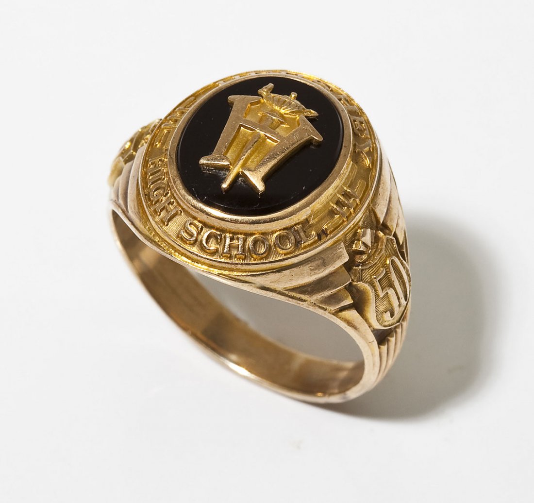 10K 1950 Hershey High School Class Ring: DESCRIPTION: 1950 Hershey High School class ring in marked 10K yellow gold. MEASUREMENTS: Size 9. 4.5 dwt (7.1 gr). CONDITION: No defects noted.